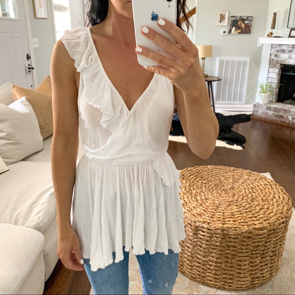 Free People White Ruffle Tank